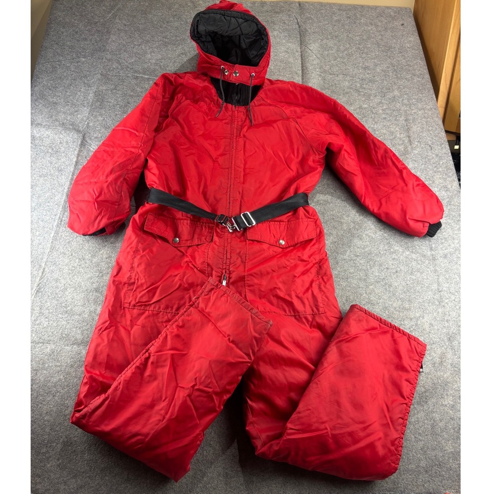 VTG Red Insulated Snow Suit One Piece Ski Suit with Hood and Belt Mens M/L? SEE
